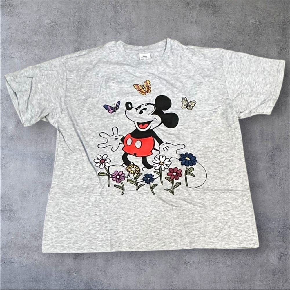 Disney Mickey Mouse Heather Grey T Shirt Graphic Tee Butterflies Flowers Size L